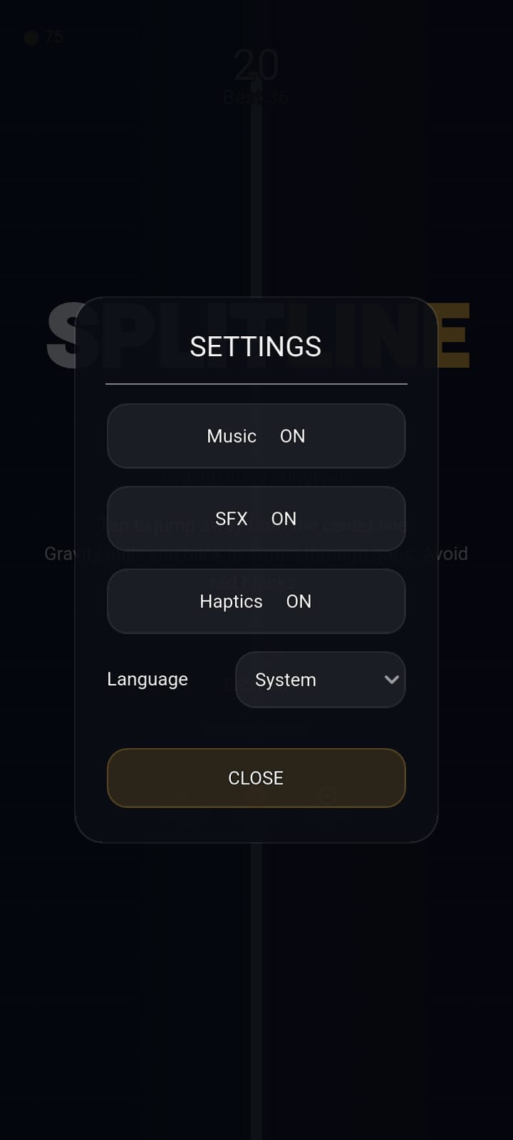 Splitline portrait settings screen